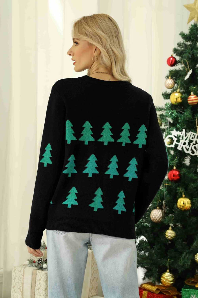 Christmas Tree Round Neck Ribbed Trim Sweater - Absolute fashion 2020