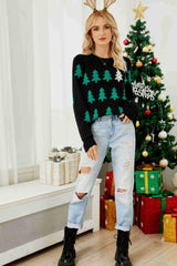 Christmas Tree Round Neck Ribbed Trim Sweater - Absolute fashion 2020