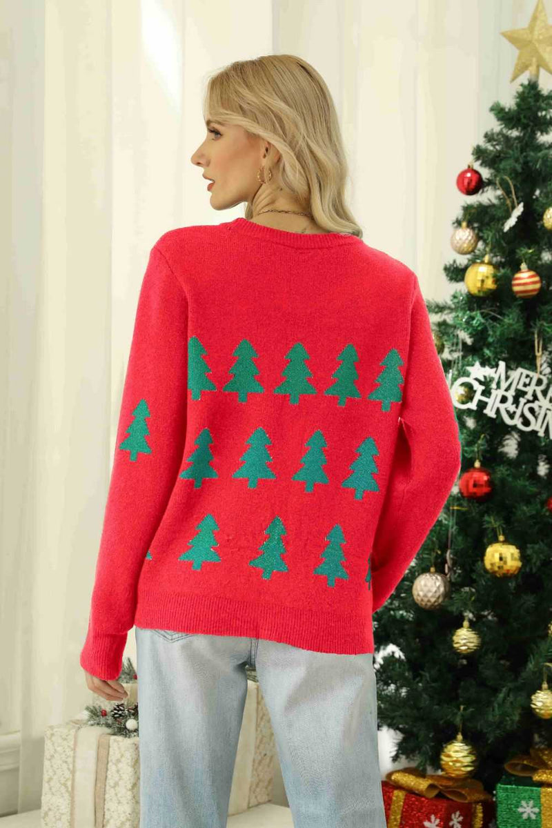 Christmas Tree Round Neck Ribbed Trim Sweater - Absolute fashion 2020