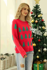 Christmas Tree Round Neck Ribbed Trim Sweater - Absolute fashion 2020