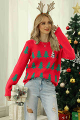 Christmas Tree Round Neck Ribbed Trim Sweater - Absolute fashion 2020