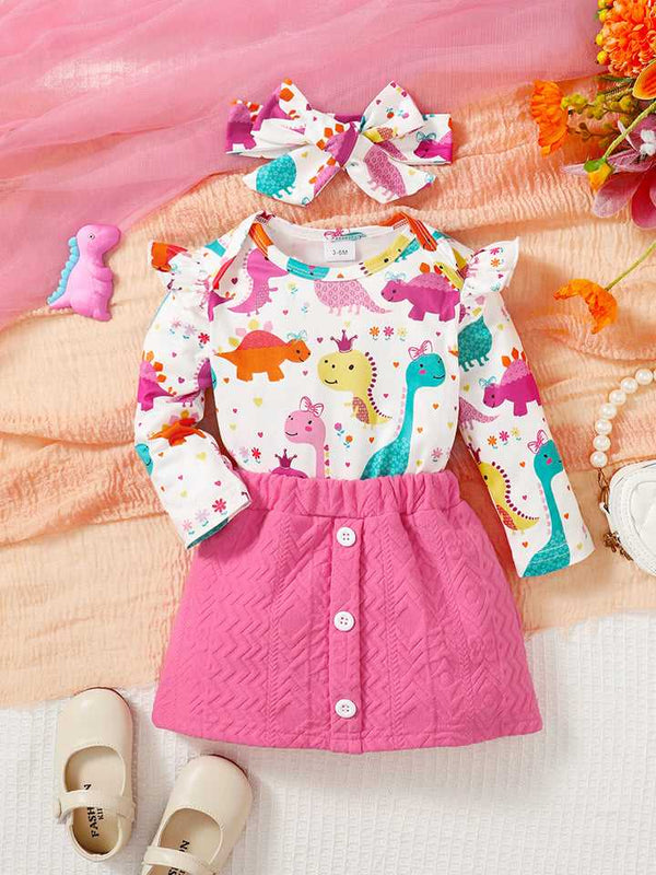 Cute Dinosaur Pattern Top and Buttoned Skirt Set - Absolute fashion 2020