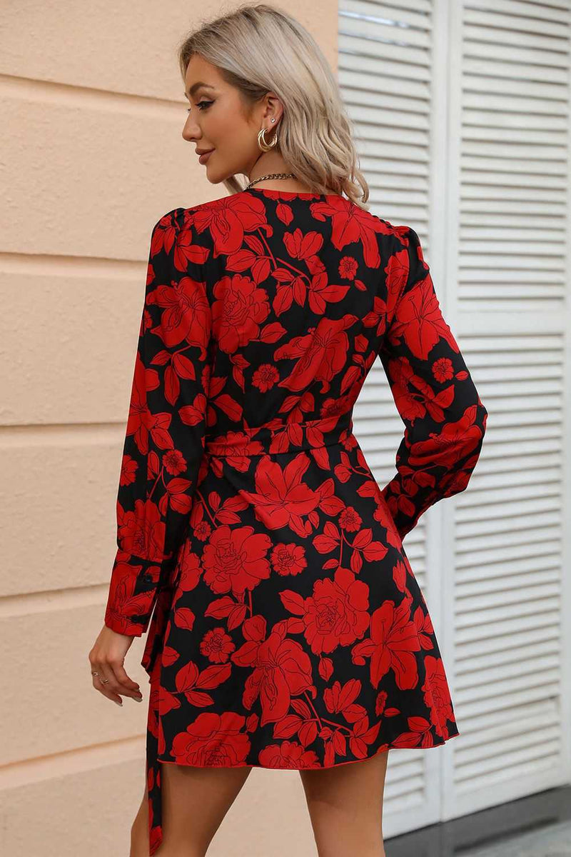 Floral Print Surplice Neck Tie Waist Dress - Absolute fashion 2020