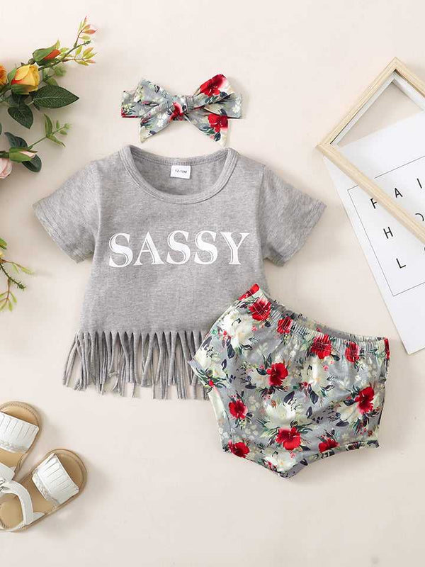 Fringe Detail SASSY Graphic T-Shirt and Floral Print Shorts Set - Absolute fashion 2020
