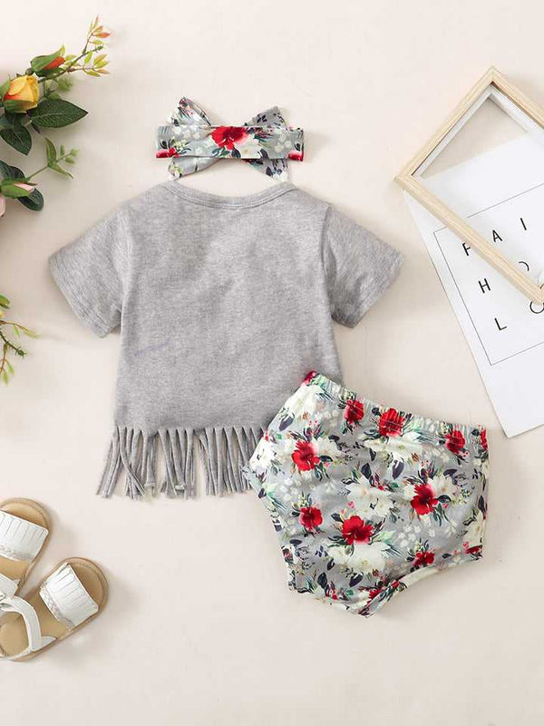 Fringe Detail SASSY Graphic T-Shirt and Floral Print Shorts Set - Absolute fashion 2020