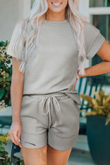 Gray 2pcs Solid Textured Drawstring Shorts Set - Absolute fashion 2020