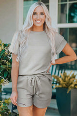 Gray 2pcs Solid Textured Drawstring Shorts Set - Absolute fashion 2020