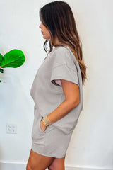 Gray 2pcs Solid Textured Drawstring Shorts Set - Absolute fashion 2020