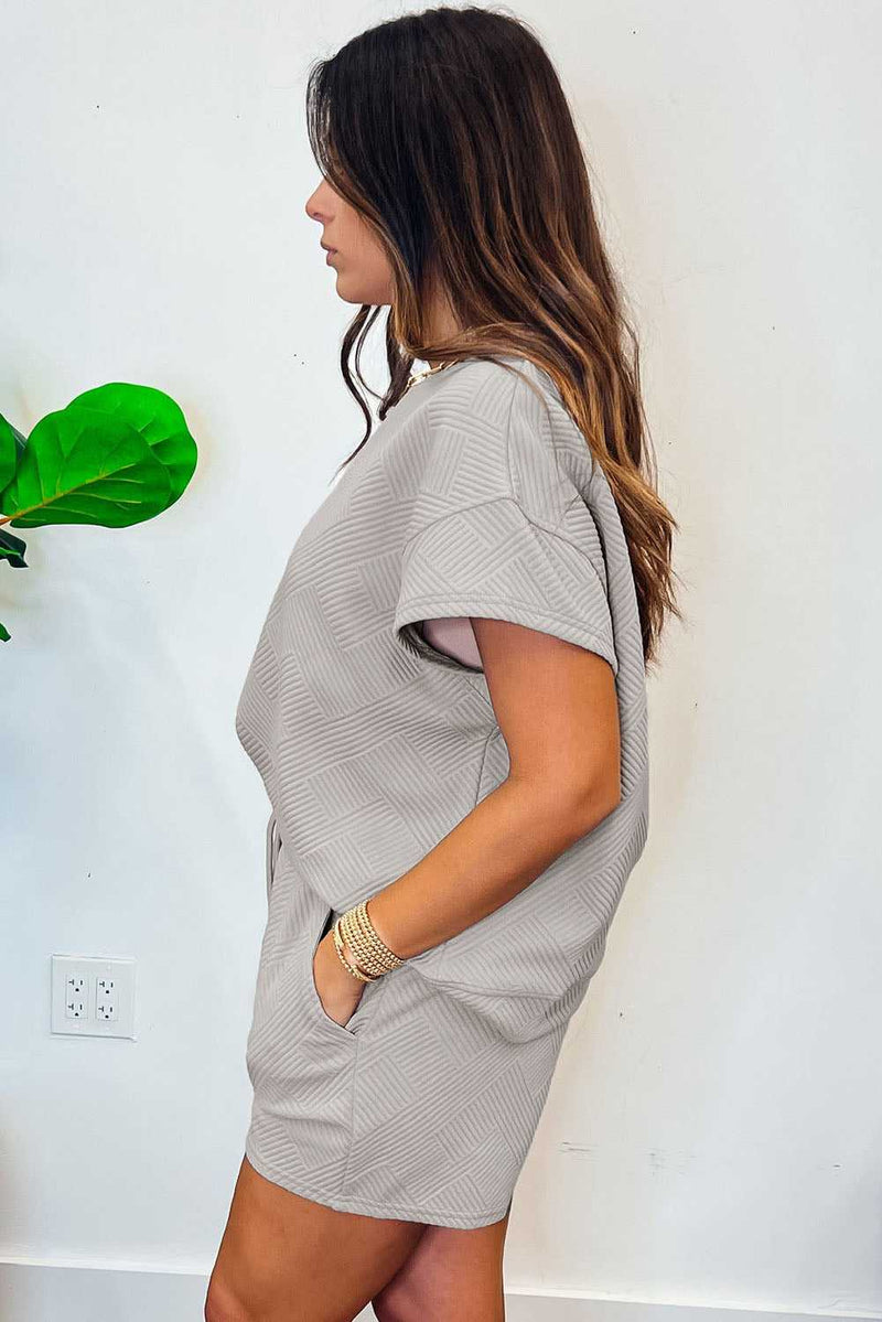 Gray 2pcs Solid Textured Drawstring Shorts Set - Absolute fashion 2020