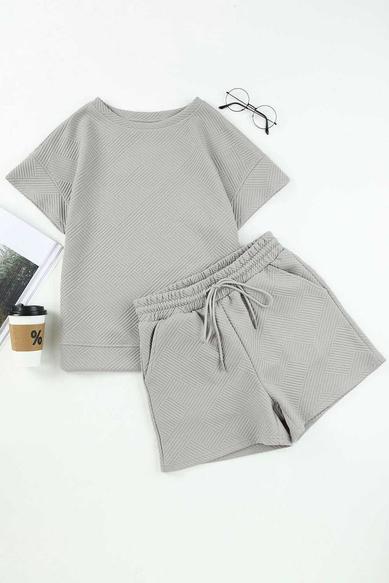 Gray 2pcs Solid Textured Drawstring Shorts Set - Absolute fashion 2020