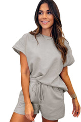 Gray 2pcs Solid Textured Drawstring Shorts Set - Absolute fashion 2020
