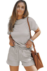 Gray 2pcs Solid Textured Drawstring Shorts Set - Absolute fashion 2020