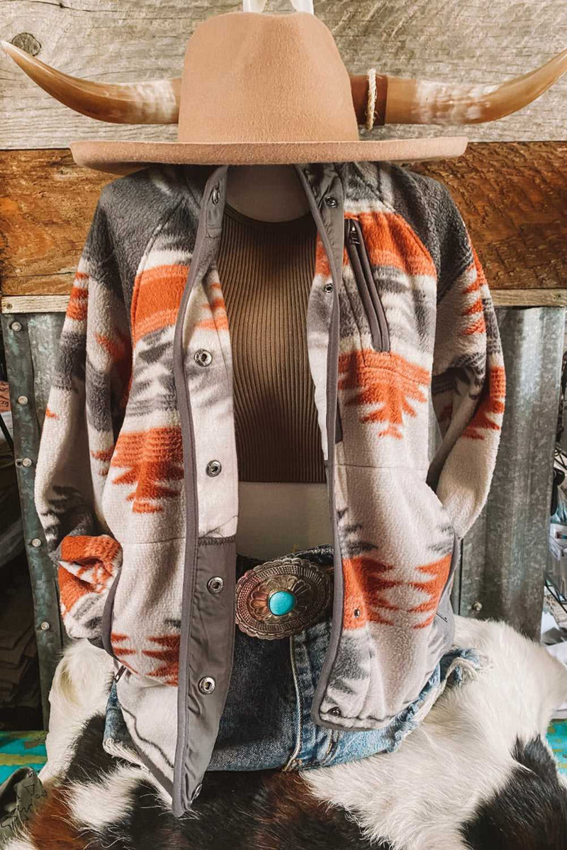 Gray Western Aztec Snap Buttoned Fleece Jacket - Absolute fashion 2020