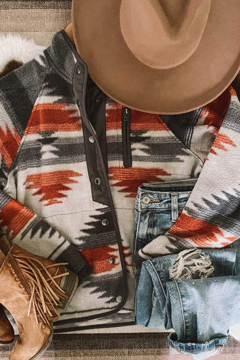Gray Western Aztec Snap Buttoned Fleece Jacket - Absolute fashion 2020