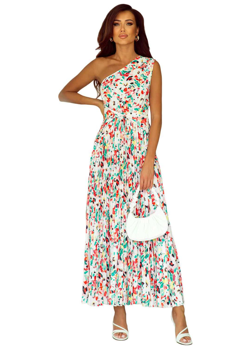 Green Boho Floral One-Shoulder Sleeveless Pleated Maxi Dress - Absolute fashion 2020