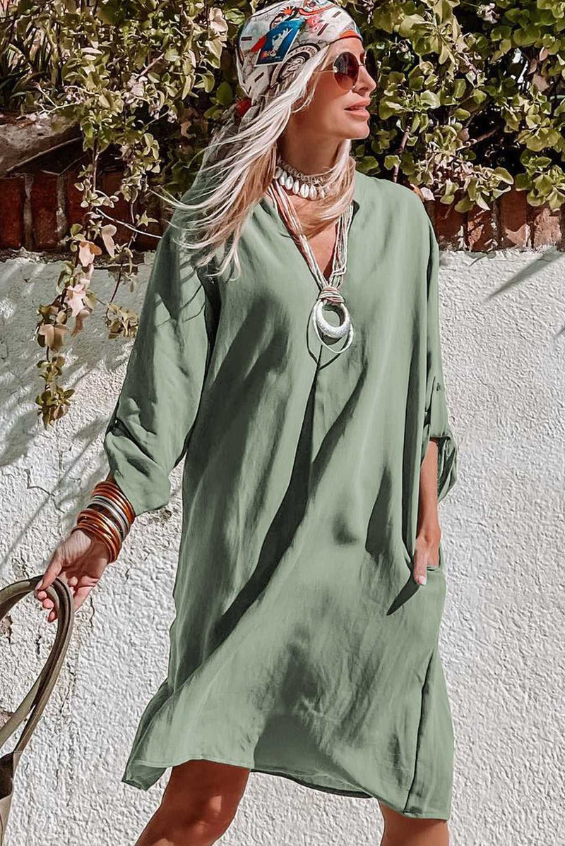 Green Roll-tab Sleeve Flowy Casual Dress - Absolute fashion 2020
