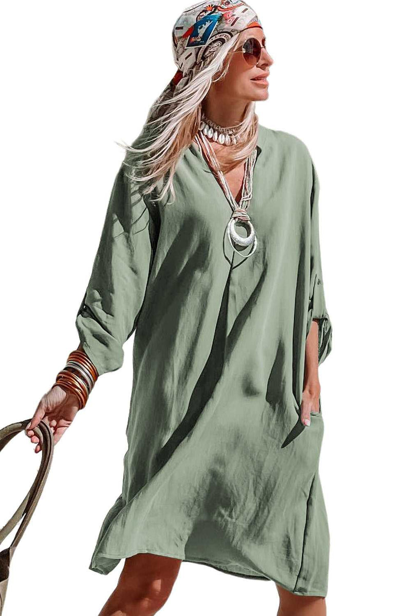 Green Roll-tab Sleeve Flowy Casual Dress - Absolute fashion 2020