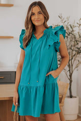 Green Tiered Ruffled Sleeves Mini Dress with Pockets - Absolute fashion 2020