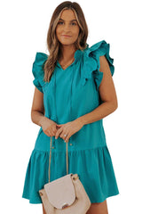 Green Tiered Ruffled Sleeves Mini Dress with Pockets - Absolute fashion 2020