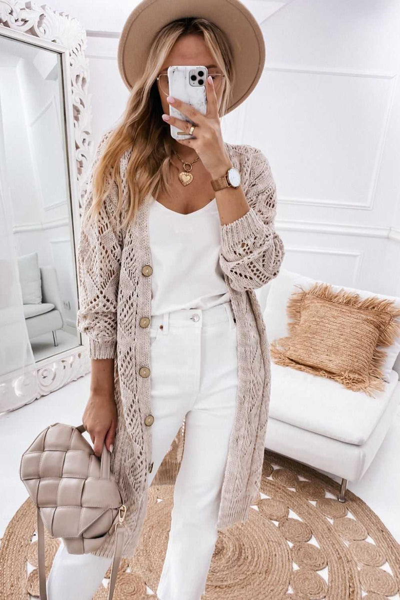 Khaki Hollow-out Openwork Knit Cardigan - Absolute fashion 2020