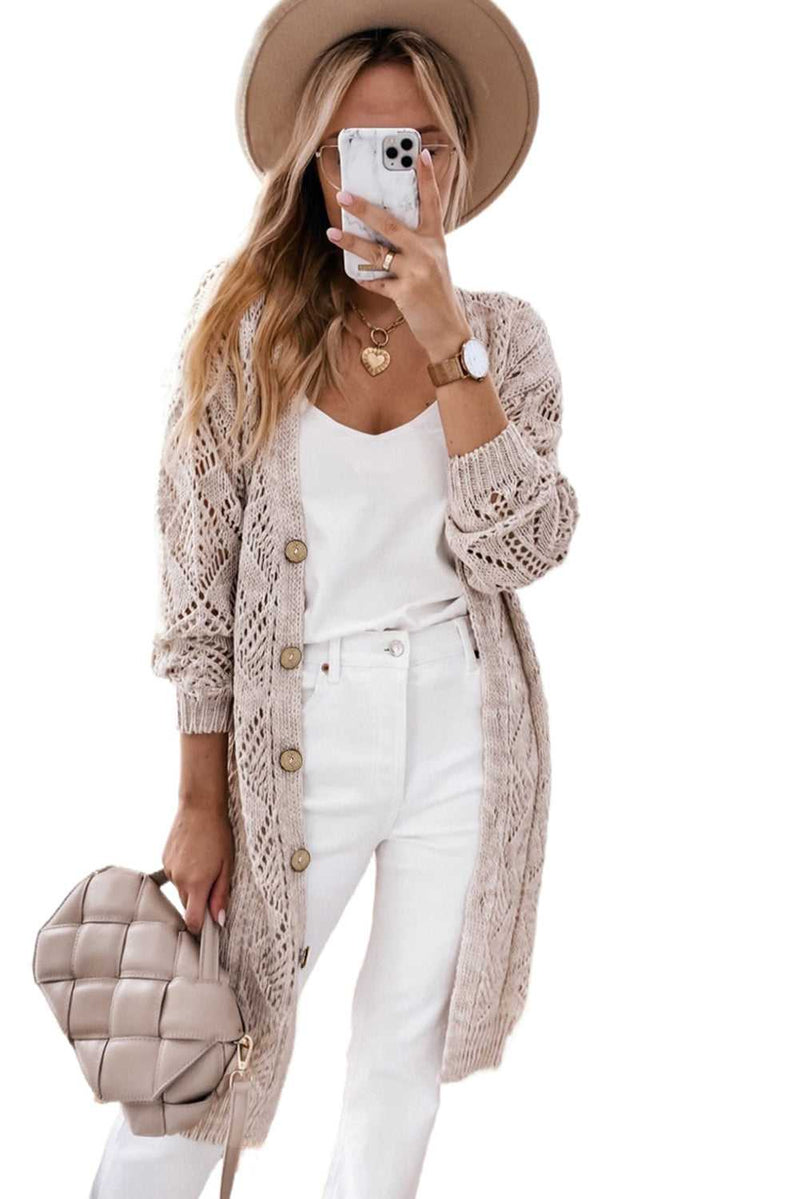 Khaki Hollow-out Openwork Knit Cardigan - Absolute fashion 2020