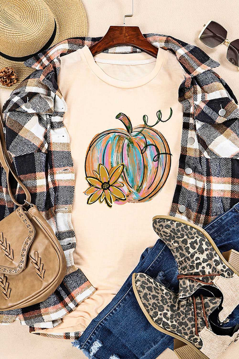 Khaki Pumpkin with Flower Graphic T Shirt - Absolute fashion 2020