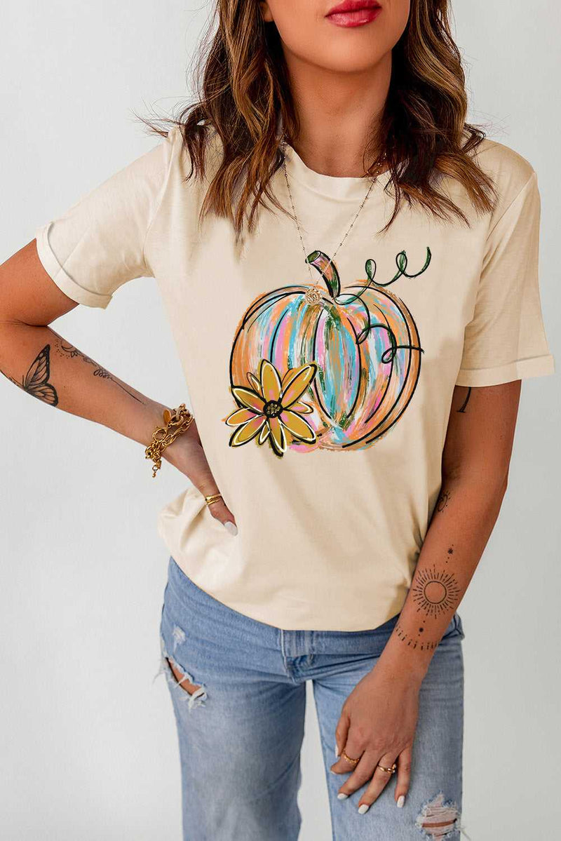 Khaki Pumpkin with Flower Graphic T Shirt - Absolute fashion 2020
