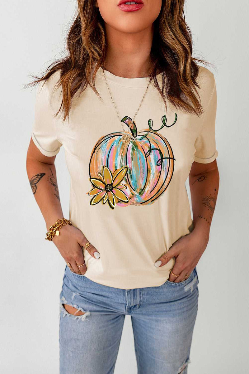 Khaki Pumpkin with Flower Graphic T Shirt - Absolute fashion 2020