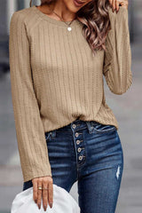 Khaki Ribbed Round Neck Knit Long Sleeve Top - Absolute fashion 2020