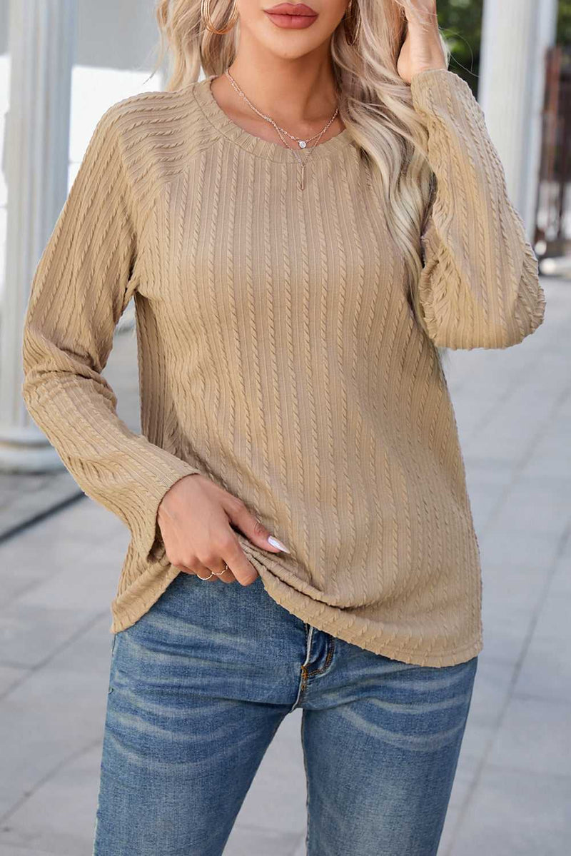 Khaki Ribbed Round Neck Knit Long Sleeve Top - Absolute fashion 2020