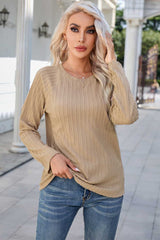 Khaki Ribbed Round Neck Knit Long Sleeve Top - Absolute fashion 2020