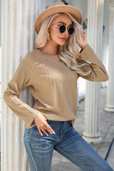 Khaki Ribbed Round Neck Knit Long Sleeve Top - Absolute fashion 2020