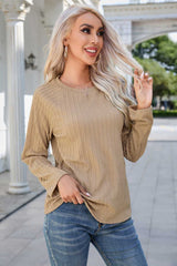 Khaki Ribbed Round Neck Knit Long Sleeve Top - Absolute fashion 2020