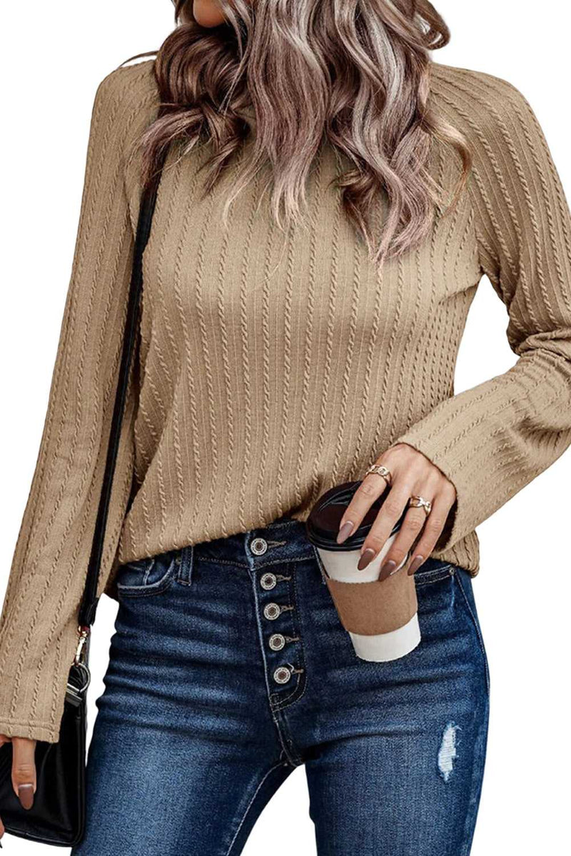Khaki Ribbed Round Neck Knit Long Sleeve Top - Absolute fashion 2020