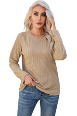 Khaki Ribbed Round Neck Knit Long Sleeve Top - Absolute fashion 2020