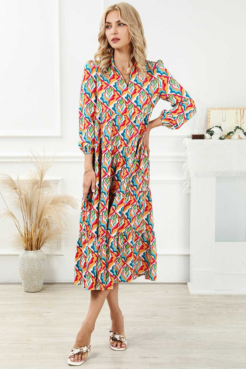 Multicolor Abstract Geometric Print Long Sleeve High Waist Dress
