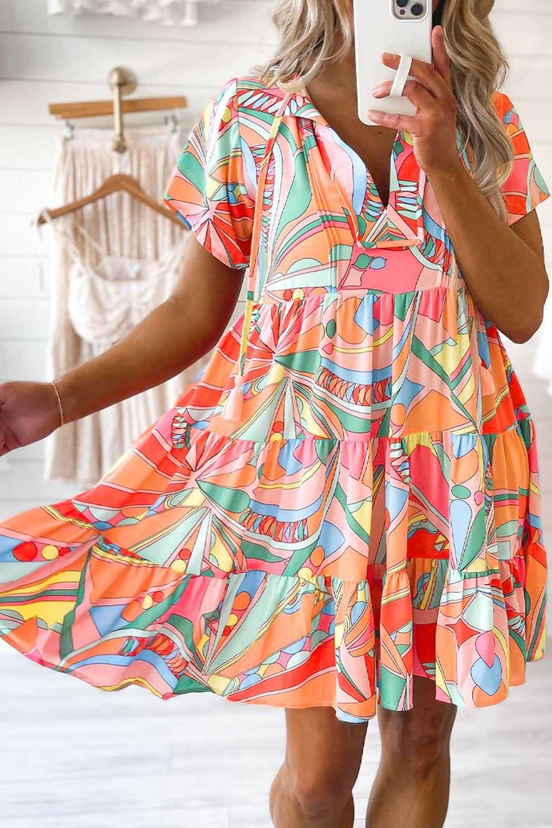 Multicolor Abstract Geometric Print Tassel Tie Flared Dress - Absolute fashion 2020