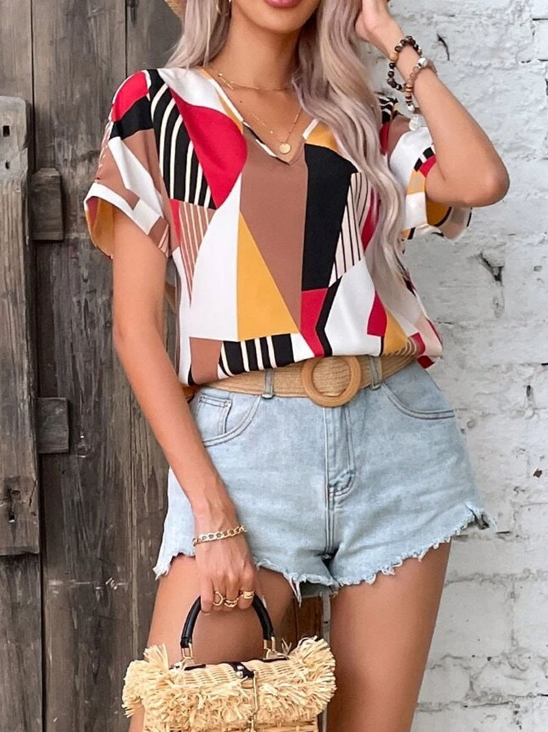 Printed V-Neck Short Sleeve Blouse