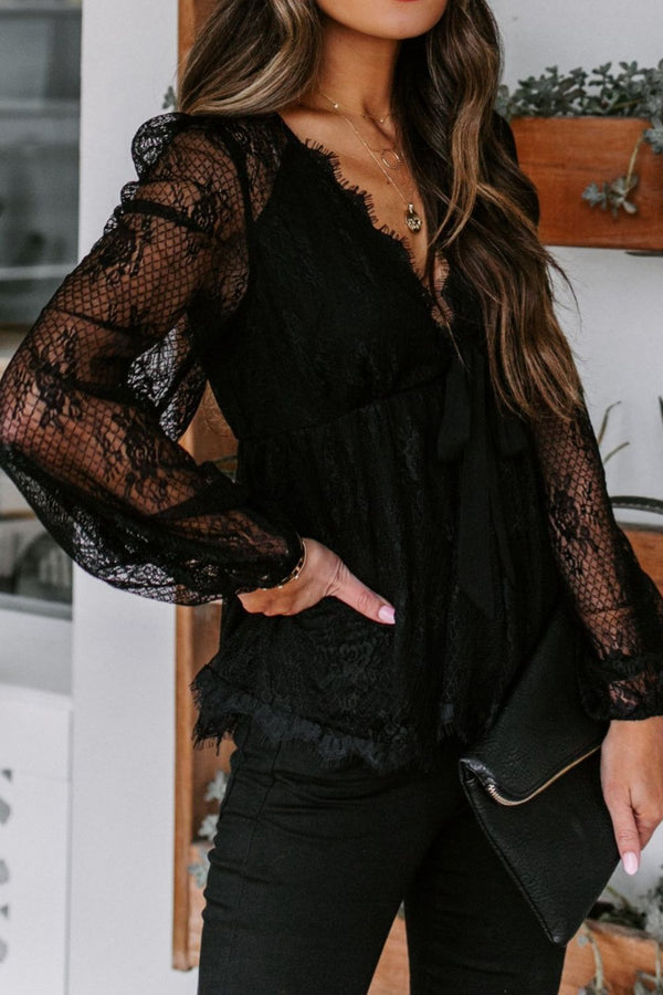 Lace Detail Plunge Long Sleeve Blouse - Absolute fashion 2020