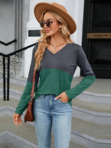V-Neck Long Sleeve Two-Tone T-Shirt