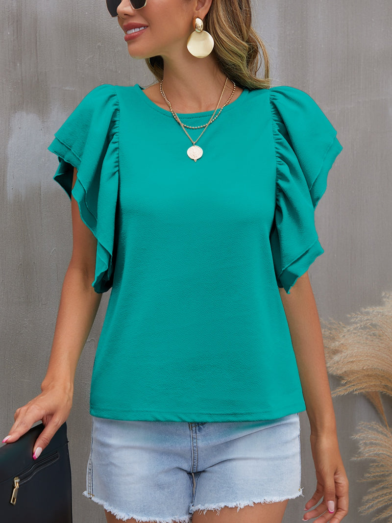 Round Neck Flounce Sleeve Blouse - Absolute fashion 2020
