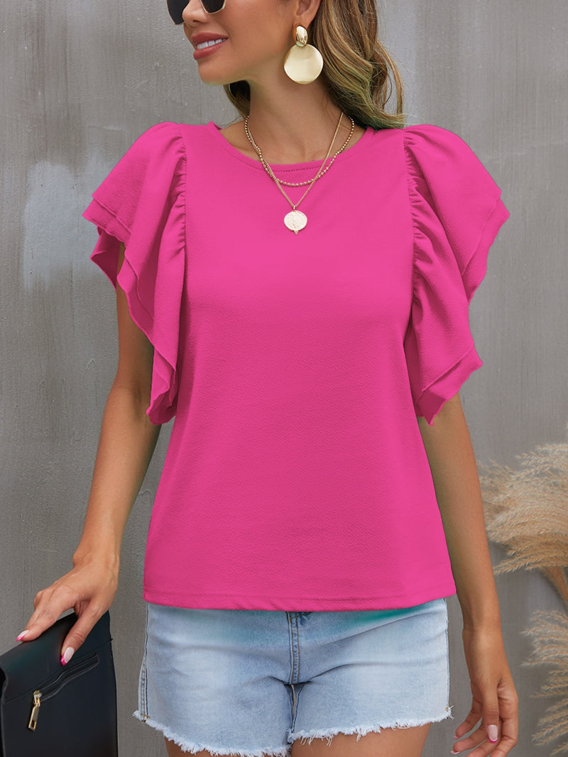 Round Neck Flounce Sleeve Blouse - Absolute fashion 2020