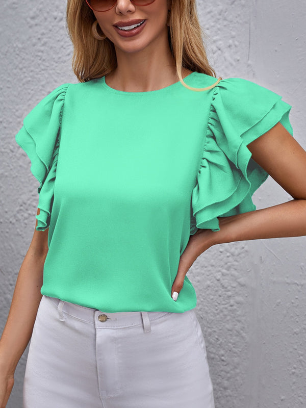 Round Neck Flounce Sleeve Blouse - Absolute fashion 2020